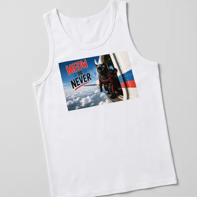 Realistic print of a skydiving cat with Meow Or Never text in bright colors — printed on a tank top