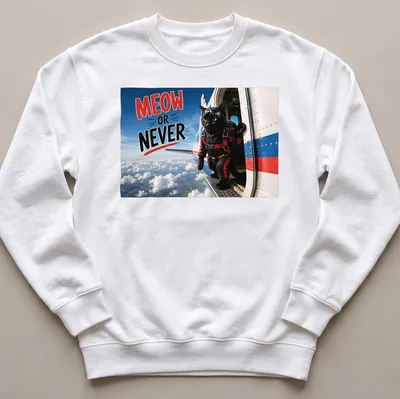 Realistic print of a skydiving cat with Meow Or Never text in bright colors — printed on a unisex sweatshirt
