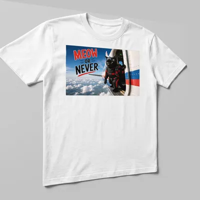 Realistic print of a skydiving cat with Meow Or Never text in bright colors — printed on a unisex t-shirt (angled view)