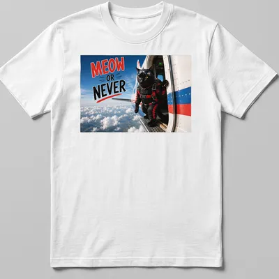 Realistic print of a skydiving cat with Meow Or Never text in bright colors