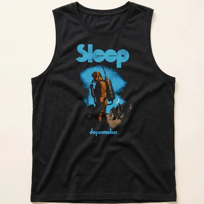 Vintage-style Sleep Dopesmoker t-shirt with figure and bold text — printed on a tank top