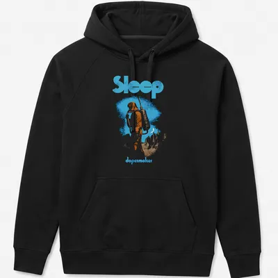 Vintage-style Sleep Dopesmoker t-shirt with figure and bold text — printed on a unisex hoodie