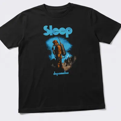 Vintage-style Sleep Dopesmoker t-shirt with figure and bold text