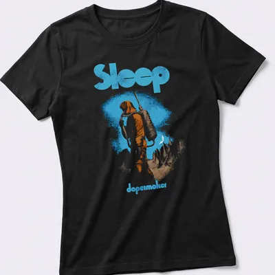 Vintage-style Sleep Dopesmoker t-shirt with figure and bold text — printed on a women's shirt