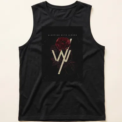 Vintage distressed t-shirt featuring 'Sleeping With Sirens' and rose design in black, red, and cream. — printed on a tank top