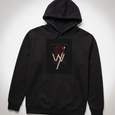 Vintage distressed t-shirt featuring 'Sleeping With Sirens' and rose design in black, red, and cream. — printed on a unisex hoodie