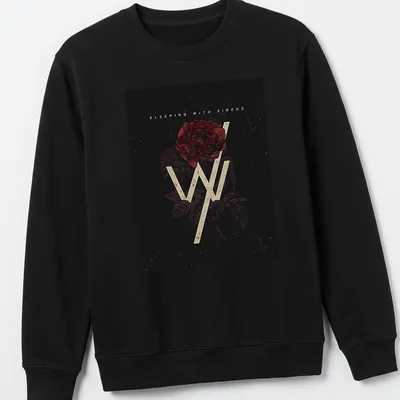 Vintage distressed t-shirt featuring 'Sleeping With Sirens' and rose design in black, red, and cream. — printed on a unisex sweatshirt