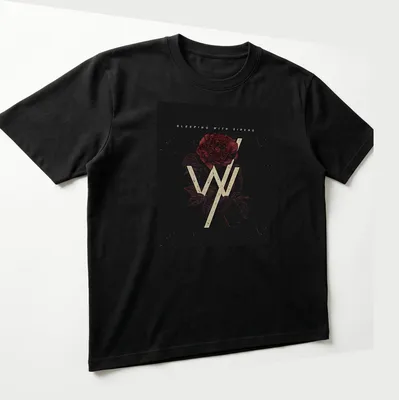 Vintage distressed t-shirt featuring 'Sleeping With Sirens' and rose design in black, red, and cream. — printed on a unisex t-shirt (angled view)