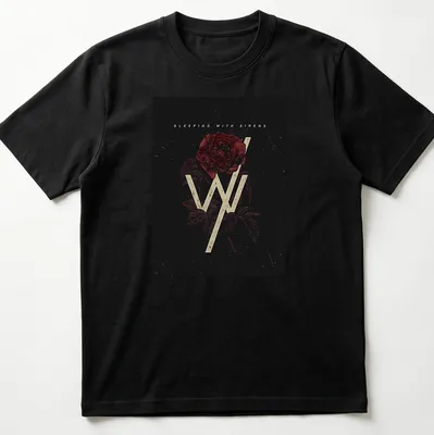 Vintage distressed t-shirt featuring 'Sleeping With Sirens' and rose design in black, red, and cream.
