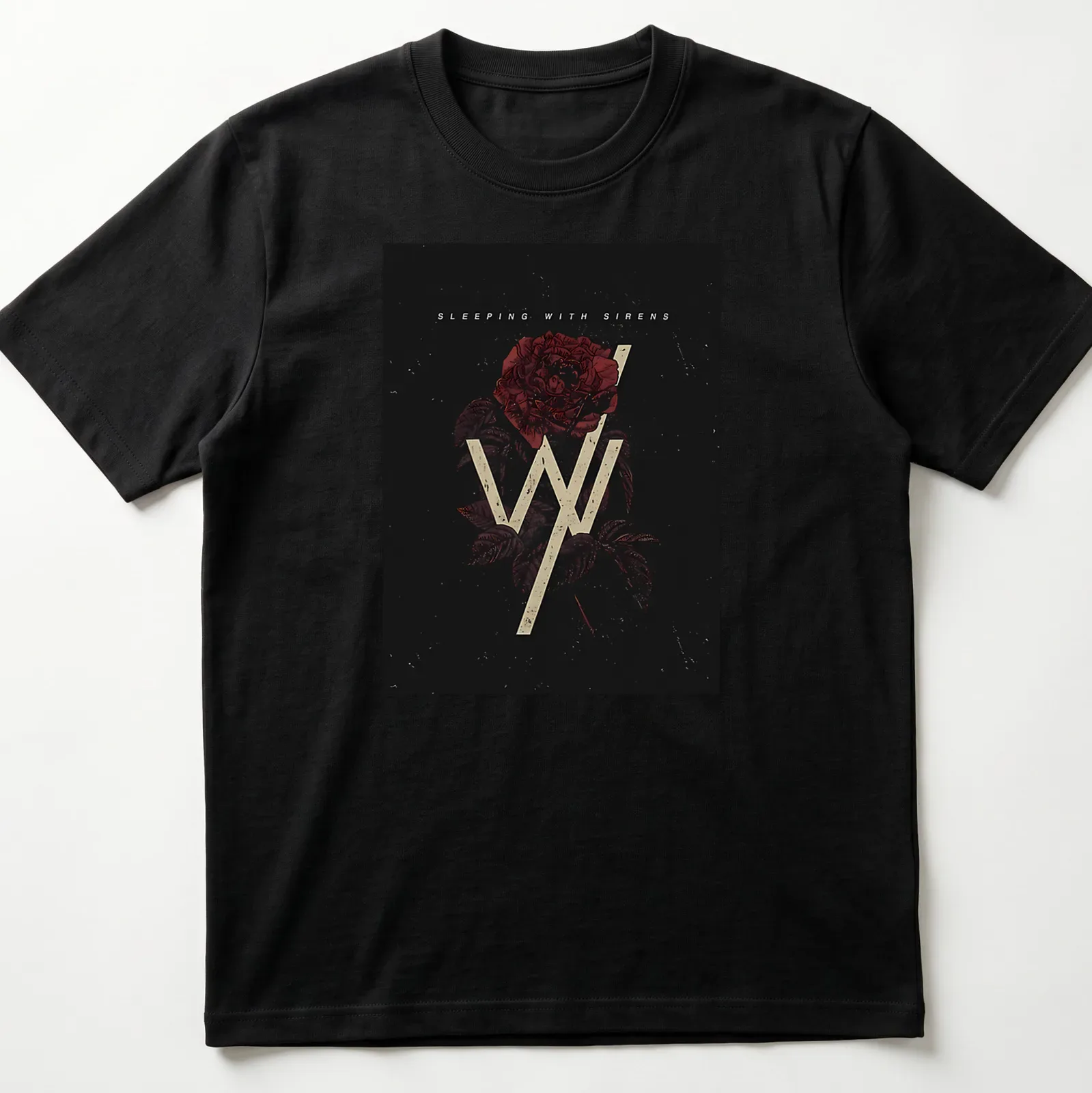 Vintage distressed t-shirt featuring 'Sleeping With Sirens' and rose design in black, red, and cream. — printed on a unisex t-shirt