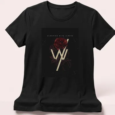 Vintage distressed t-shirt featuring 'Sleeping With Sirens' and rose design in black, red, and cream. — printed on a women's shirt