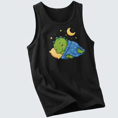 Kawaii sleeping dinosaur graphic in green, blue, and yellow tones — printed on a tank top