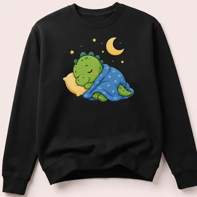 Kawaii sleeping dinosaur graphic in green, blue, and yellow tones — printed on a unisex sweatshirt