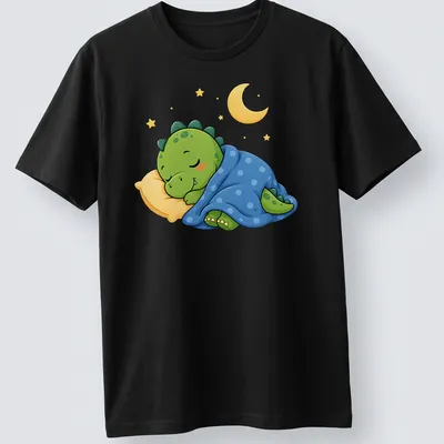 Kawaii sleeping dinosaur graphic in green, blue, and yellow tones