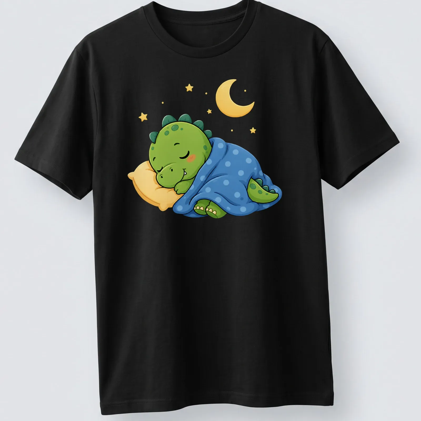 Kawaii sleeping dinosaur graphic in green, blue, and yellow tones — printed on a unisex t-shirt