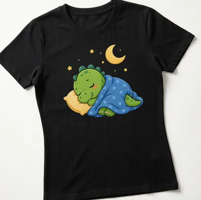 Kawaii sleeping dinosaur graphic in green, blue, and yellow tones — printed on a women's shirt