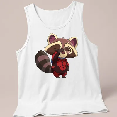 Kawaii style shirt featuring a sleepy raccoon in ladybug pajamas — printed on a tank top