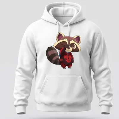 Kawaii style shirt featuring a sleepy raccoon in ladybug pajamas — printed on a unisex hoodie