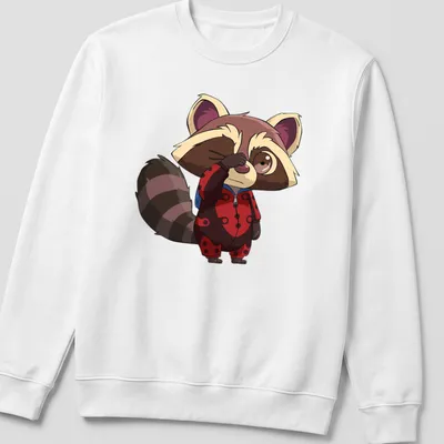 Kawaii style shirt featuring a sleepy raccoon in ladybug pajamas — printed on a unisex sweatshirt