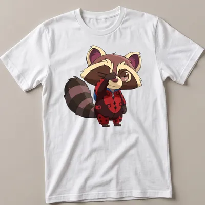 Kawaii style shirt featuring a sleepy raccoon in ladybug pajamas