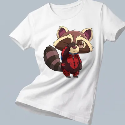 Kawaii style shirt featuring a sleepy raccoon in ladybug pajamas — printed on a women's shirt