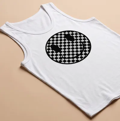 Checkerboard pattern featuring a playful smiley face in black and grey — printed on a tank top
