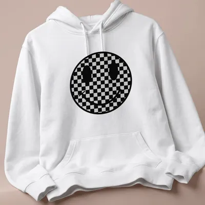 Checkerboard pattern featuring a playful smiley face in black and grey — printed on a unisex hoodie
