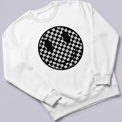 Checkerboard pattern featuring a playful smiley face in black and grey — printed on a unisex sweatshirt