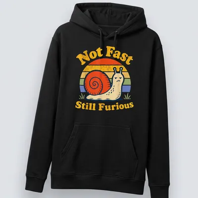 Retro vintage snail design with the phrase Not Fast Still Furious in bright colors — printed on a unisex hoodie