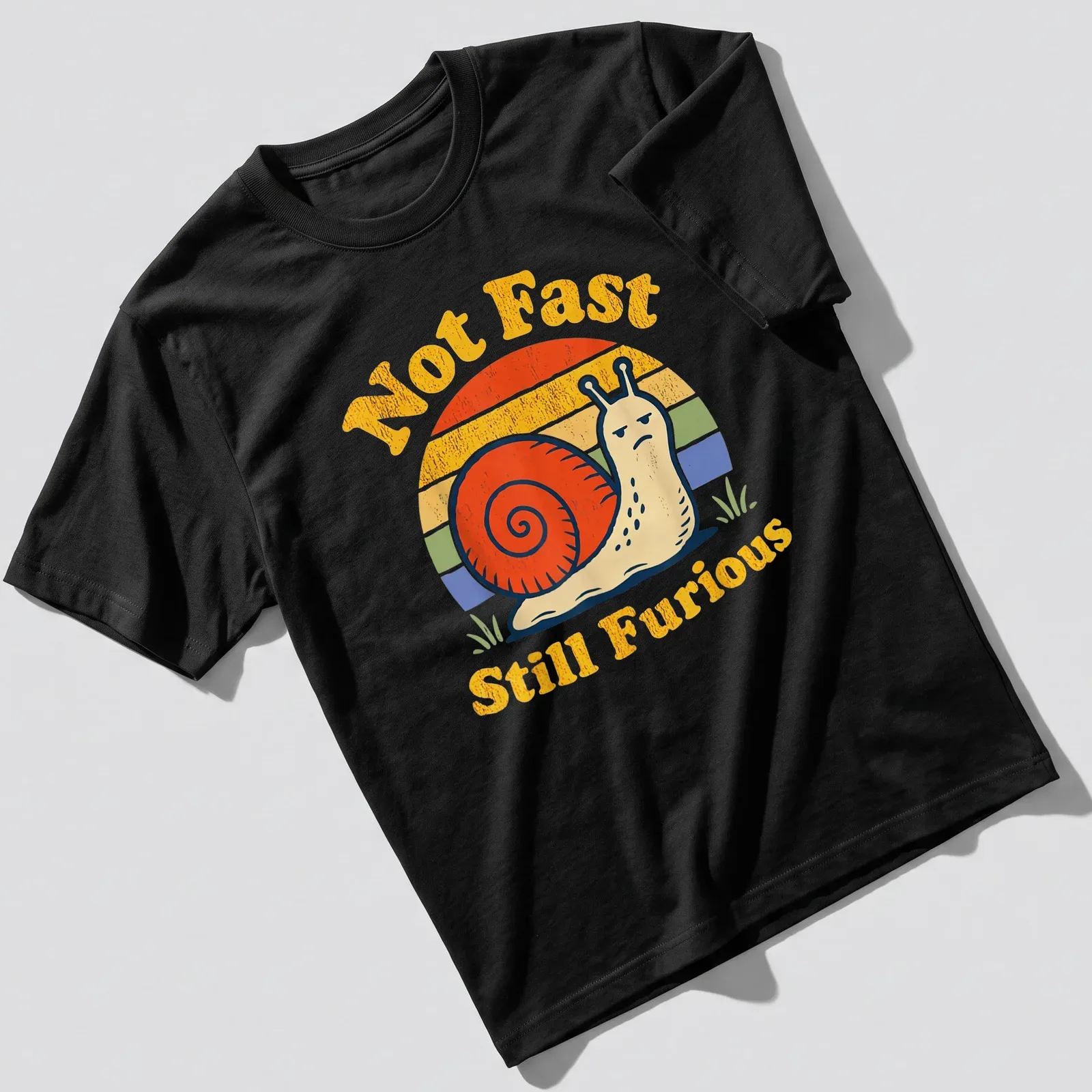 Retro vintage snail design with the phrase Not Fast Still Furious in bright colors — printed on a unisex t-shirt
