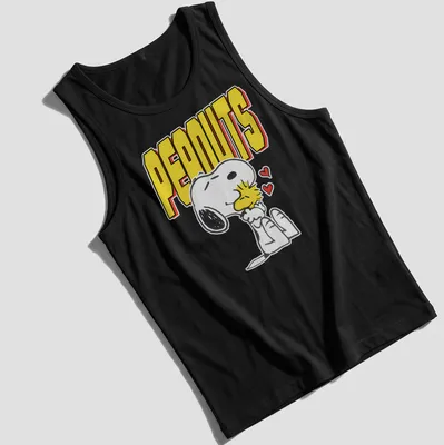 Cartoon illustration of Snoopy and Woodstock with PEANUTS text in bold letters — printed on a tank top
