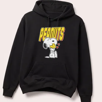 Cartoon illustration of Snoopy and Woodstock with PEANUTS text in bold letters — printed on a unisex hoodie