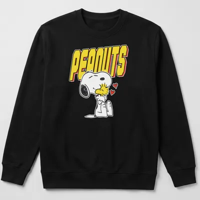 Cartoon illustration of Snoopy and Woodstock with PEANUTS text in bold letters — printed on a unisex sweatshirt