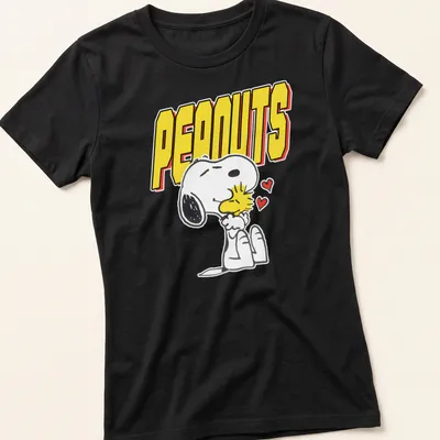 Cartoon illustration of Snoopy and Woodstock with PEANUTS text in bold letters — printed on a women's shirt