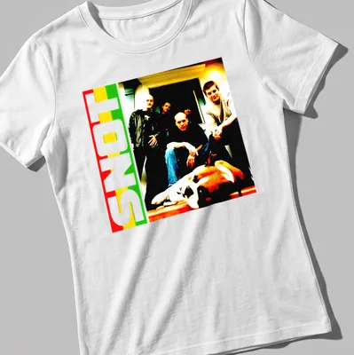 Vibrant pop art style SNOT T-shirt featuring alternative metal band members — printed on a women's shirt