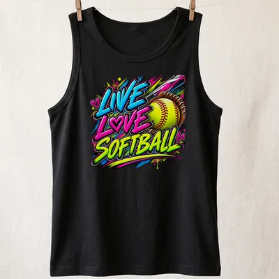 Bold graffiti print of Live Love Softball in vibrant colors — printed on a tank top