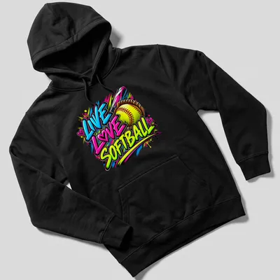 Bold graffiti print of Live Love Softball in vibrant colors — printed on a unisex hoodie