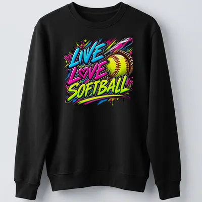 Bold graffiti print of Live Love Softball in vibrant colors — printed on a unisex sweatshirt