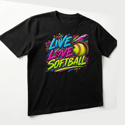 Bold graffiti print of Live Love Softball in vibrant colors — printed on a unisex t-shirt (angled view)