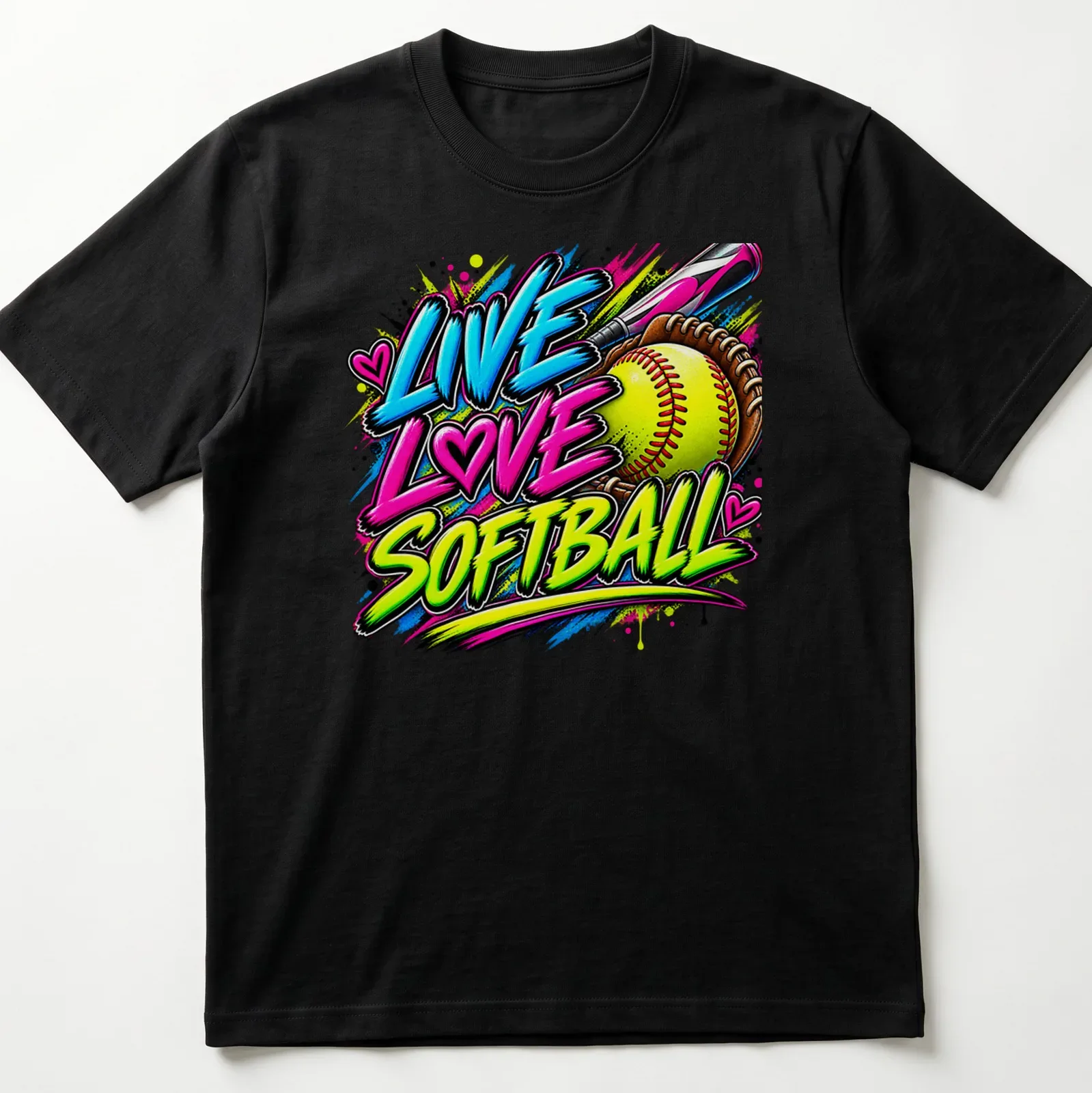 Bold graffiti print of Live Love Softball in vibrant colors — printed on a unisex t-shirt