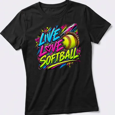 Bold graffiti print of Live Love Softball in vibrant colors — printed on a women's shirt