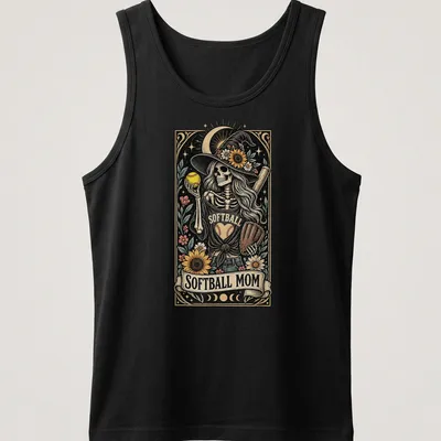 Vintage illustration of a skeleton with flowers and a softball bat on a — printed on a tank top