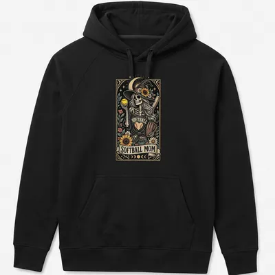 Vintage illustration of a skeleton with flowers and a softball bat on a — printed on a unisex hoodie