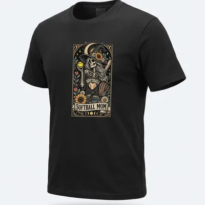 Vintage illustration of a skeleton with flowers and a softball bat on a t-shirt