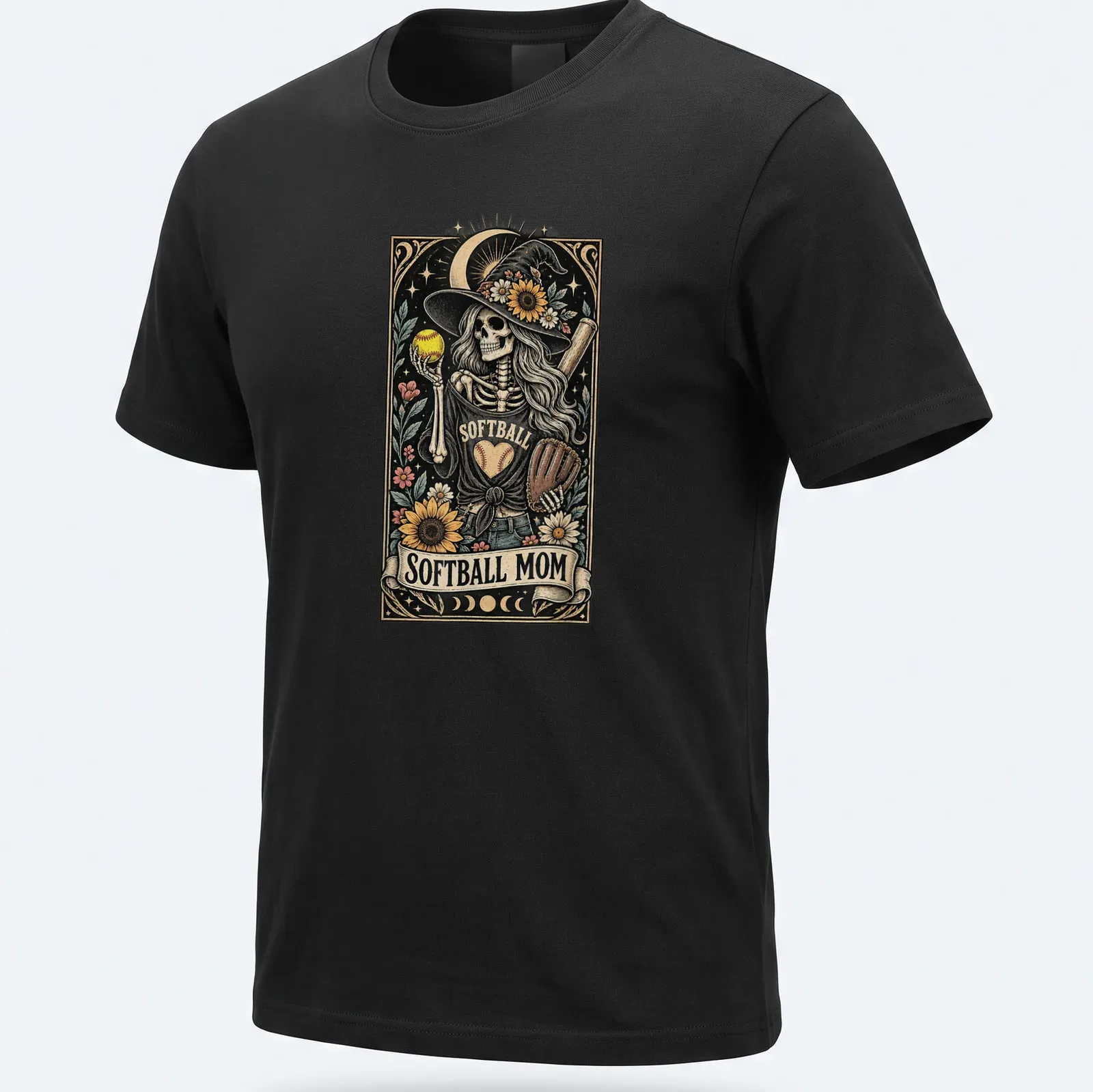 Vintage illustration of a skeleton with flowers and a softball bat on a — printed on a unisex t-shirt