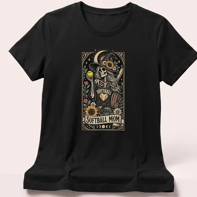 Vintage illustration of a skeleton with flowers and a softball bat on a — printed on a women's shirt