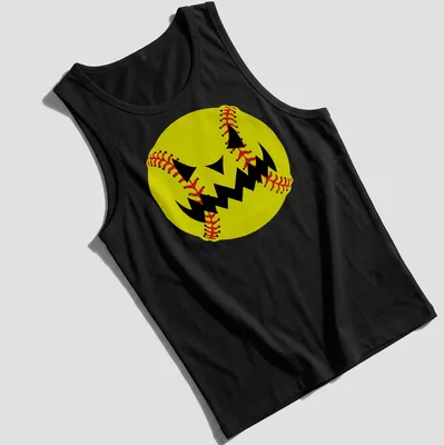 Cartoon pumpkin jack-o'-lantern face resembling a softball in yellow, black, and red — printed on a tank top