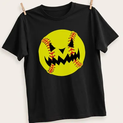 Cartoon pumpkin jack-o'-lantern face resembling a softball in yellow, black, and red