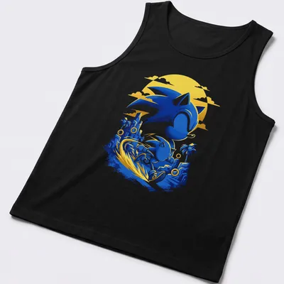 Vibrant cartoon Sonic the Hedgehog with 'Speed Hero' text in blue and yellow. — printed on a tank top