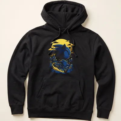 Vibrant cartoon Sonic the Hedgehog with 'Speed Hero' text in blue and yellow. — printed on a unisex hoodie